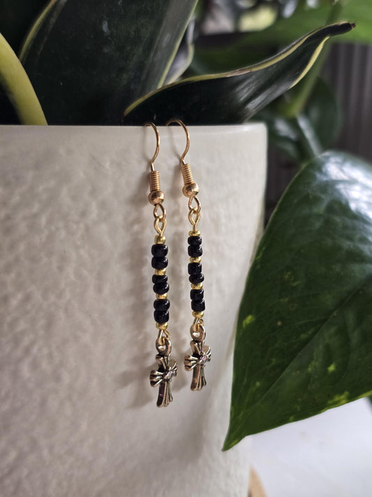 Cross Dangle Earrings with Black and Metallic Gold Coated Glass Seed Beads