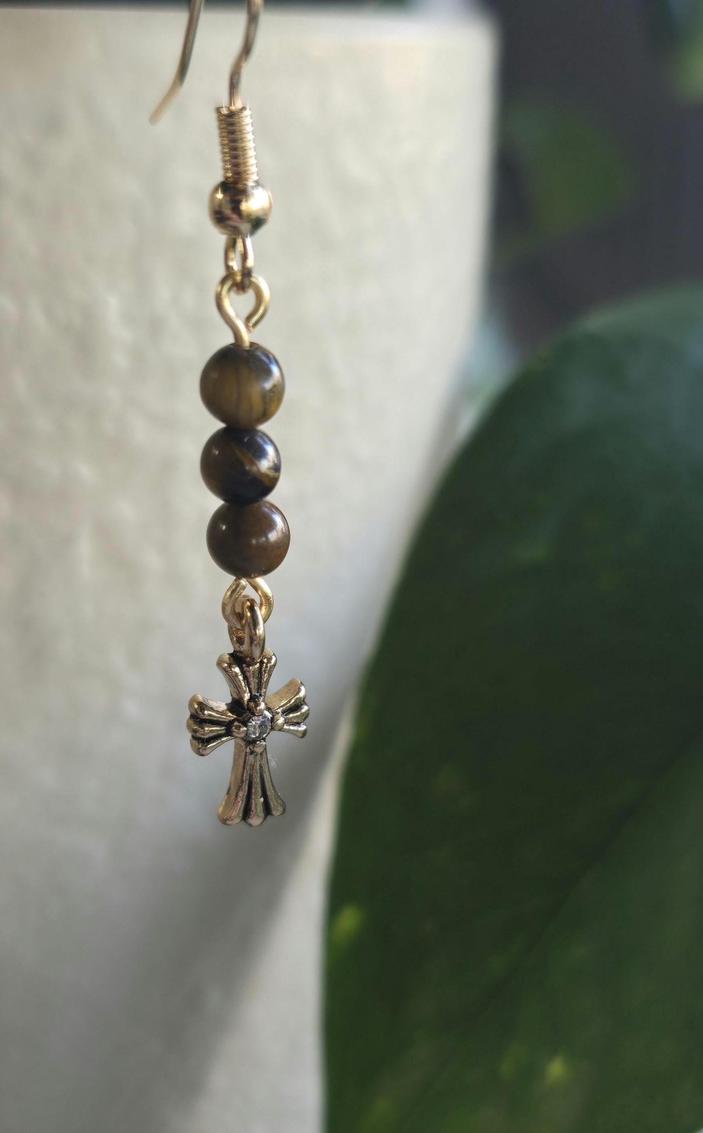 Tiger Eye Jasper Cross Dangle Earrings, Boho Copper Wire Jewelry
