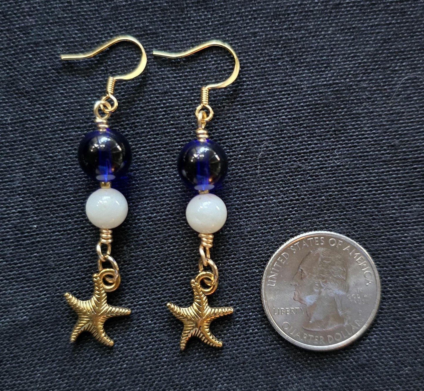 Nautical Blue White Beaded Bracelet Starfish Earrings Set, Cowrie Shell Charm Coastal Jewelry