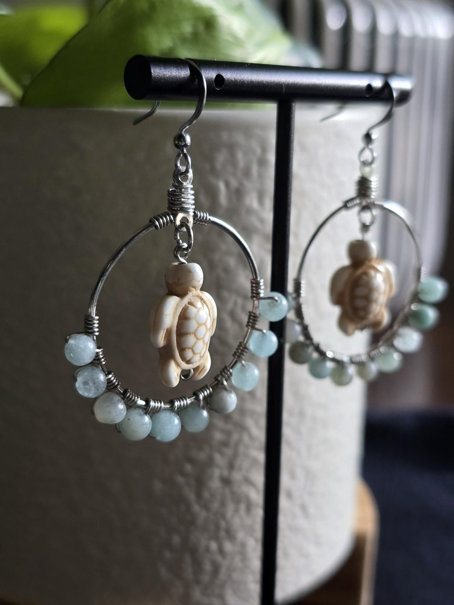 Amazonite Stone Turtle Hoops, Silver Wire Wrapped Dangle Earrings, Ocean Theme Jewelry