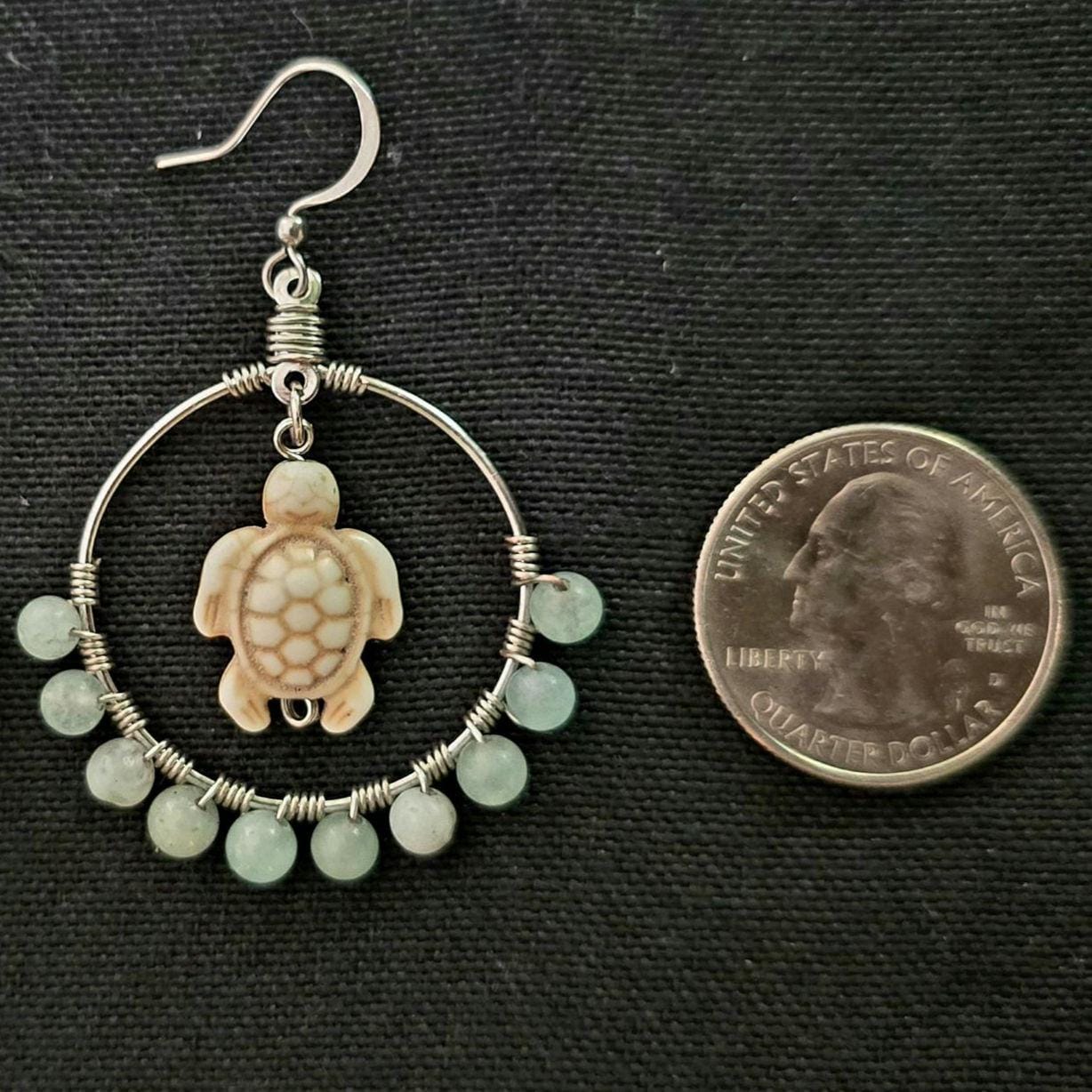 Amazonite Stone Turtle Hoops, Silver Wire Wrapped Dangle Earrings, Ocean Theme Jewelry