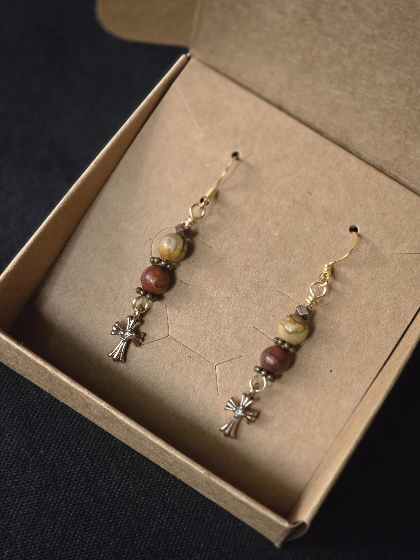 Red Jasper Picture Jasper Cross Dangle Earrings, Boho Gold Tone Gemstone Jewelry