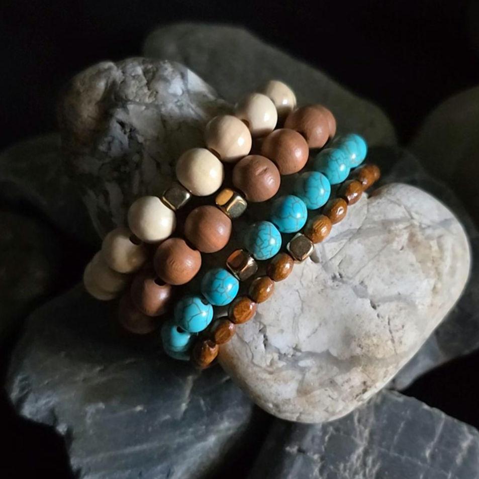 Boho Wood Turquoise Stretch Bracelet Set, Stackable Beaded Natural Jewelry