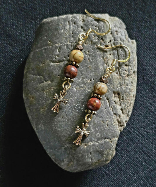 Red Jasper Picture Jasper Cross Dangle Earrings, Boho Gold Tone Gemstone Jewelry