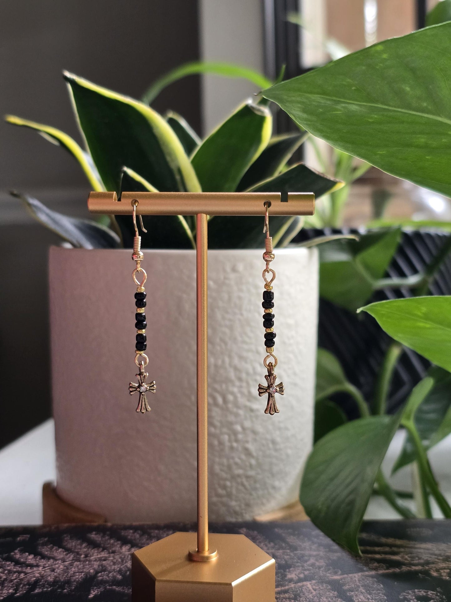 Cross Dangle Earrings with Black and Metallic Gold Coated Glass Seed Beads