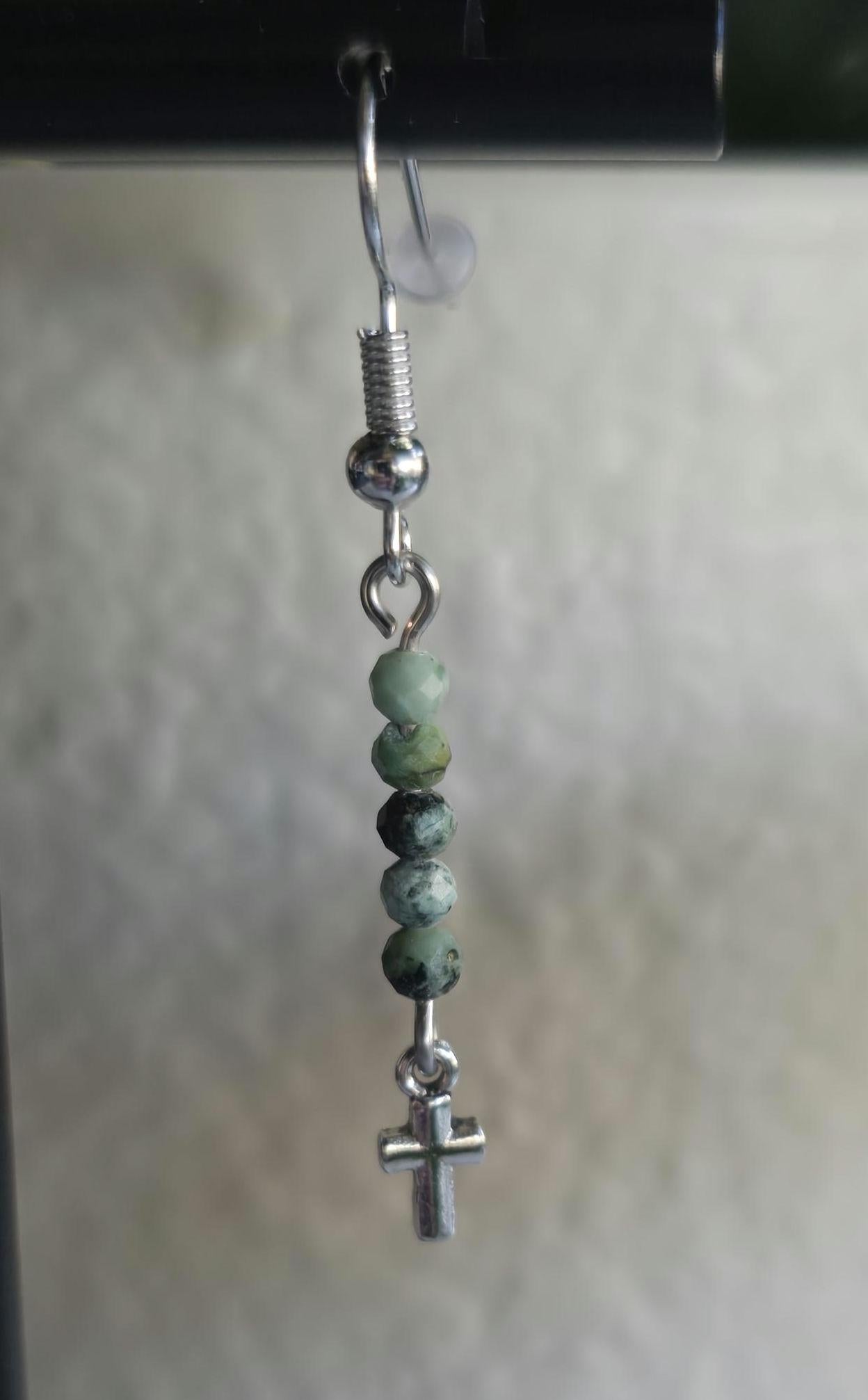 Bluegreen African Jasper Dainty Cross Dangle Earrings