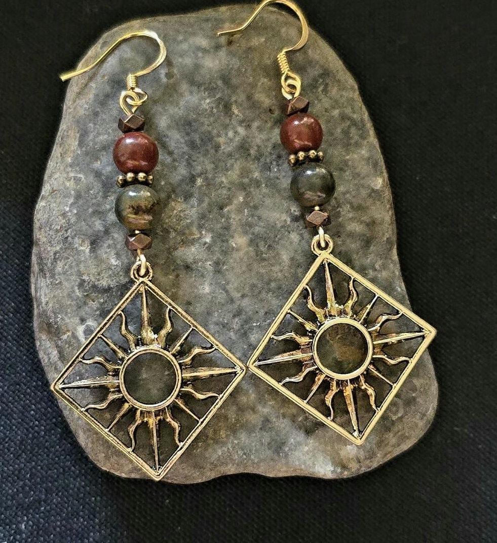 Sunburst Red Creek Jasper Beads Dangle Earrings, Rustic Boho Bohemian Handmade Earrings, Celestial Bronze Jewelry