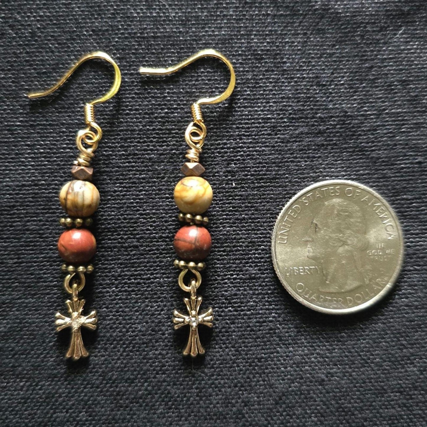 Red Jasper Picture Jasper Cross Dangle Earrings, Boho Gold Tone Gemstone Jewelry