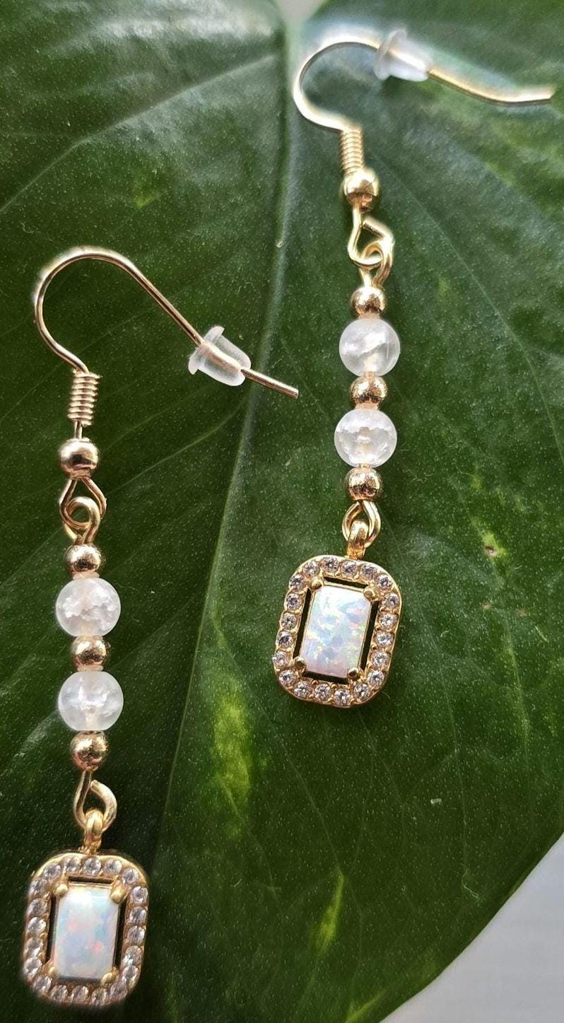 Gold and Glass Crackle Beaded Synthetic Opal Pendant Handmade Dangle Earrings
