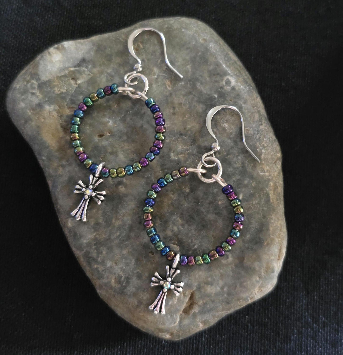 Metallic Rainbow Iridescent Glass Cross Pendant Earrings, Handmade Shimmering Statement Jewelry, Gift For Her
