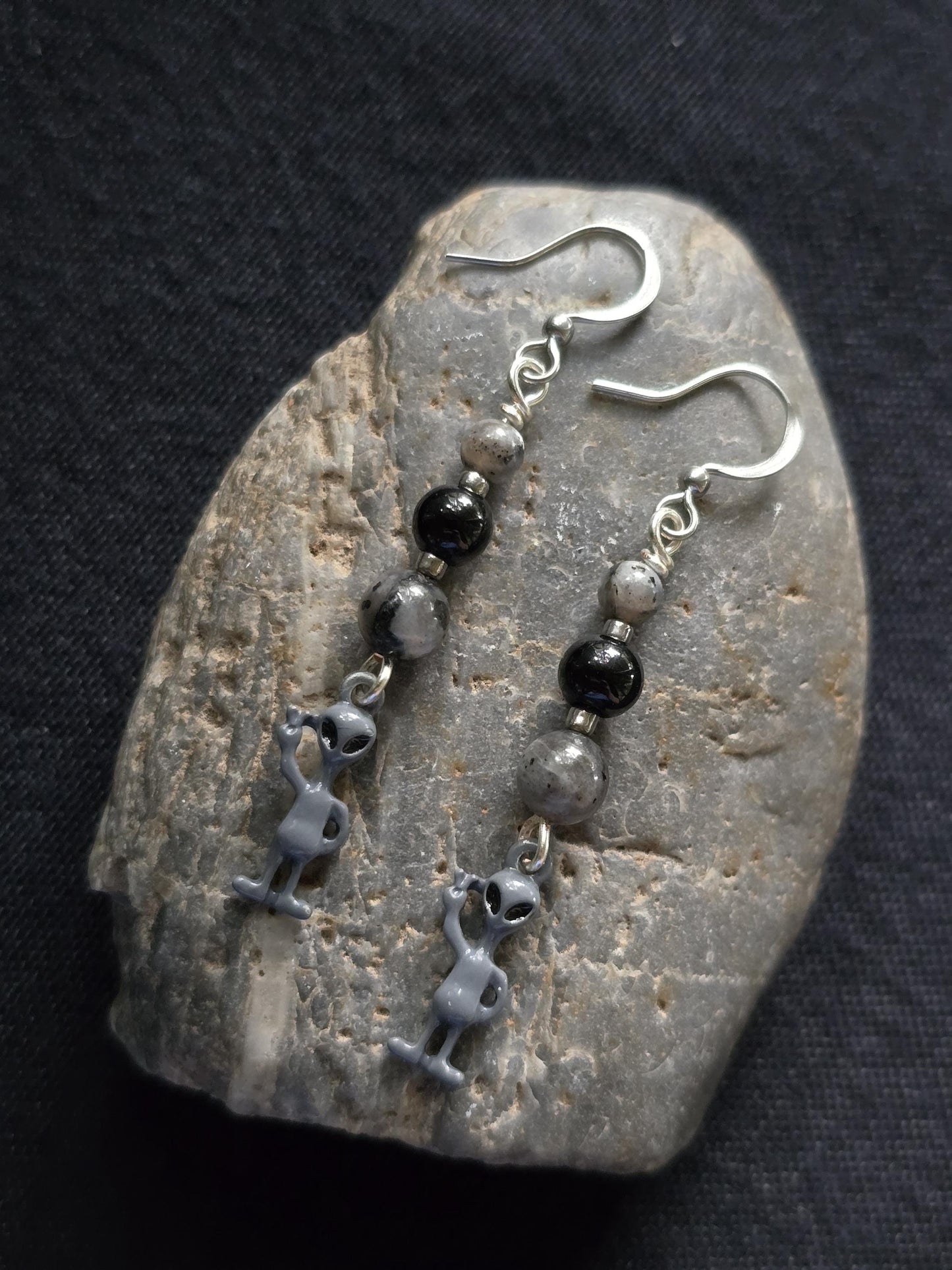 Alien Dangle Earrings, Labradorite Black Onyx, Stainless Steel Wires, Sci-Fi Jewelry