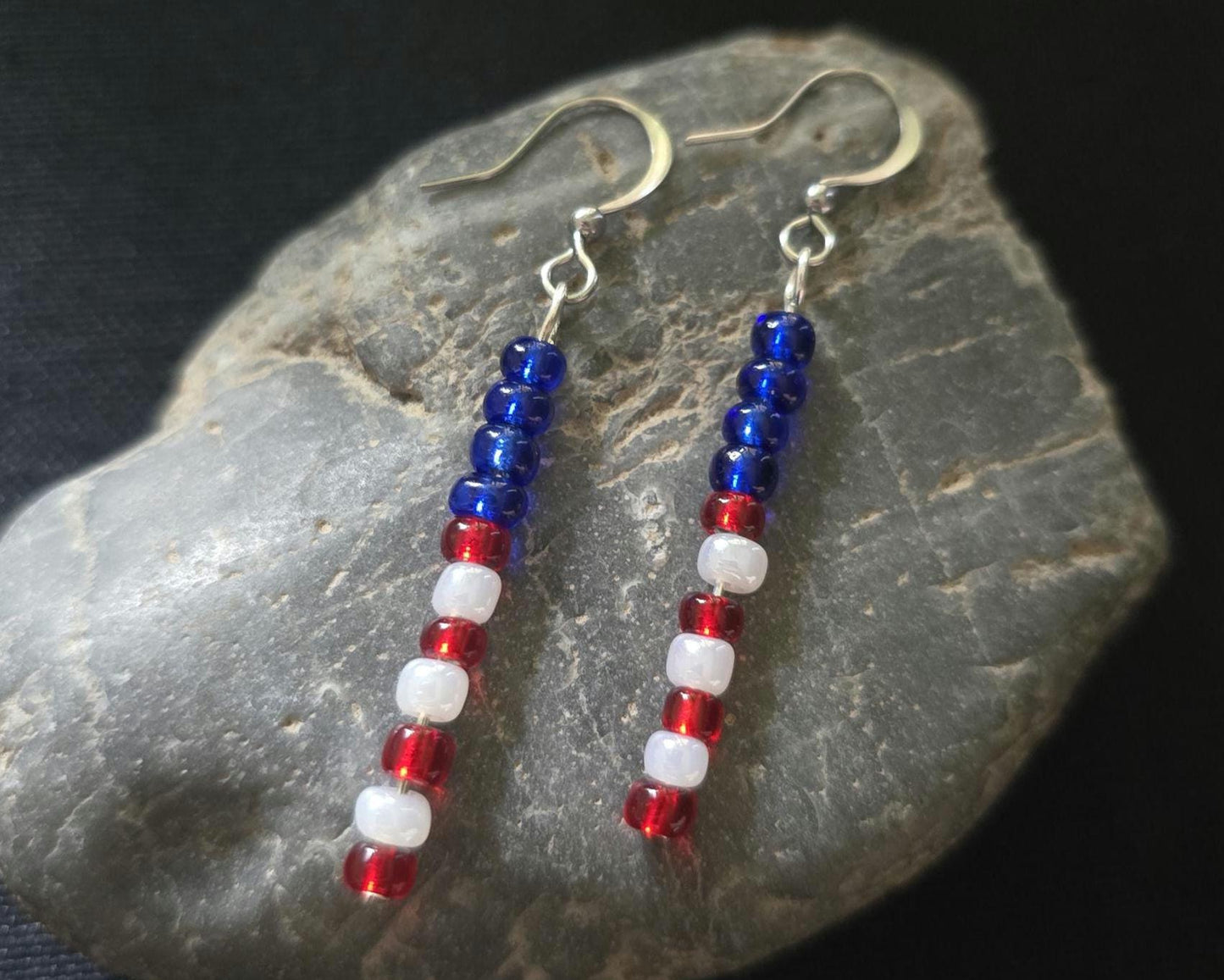 Fourth of July Patriotic Red White Blue Seed Bead Dangle Earrings, Boho Patriotic Jewelry