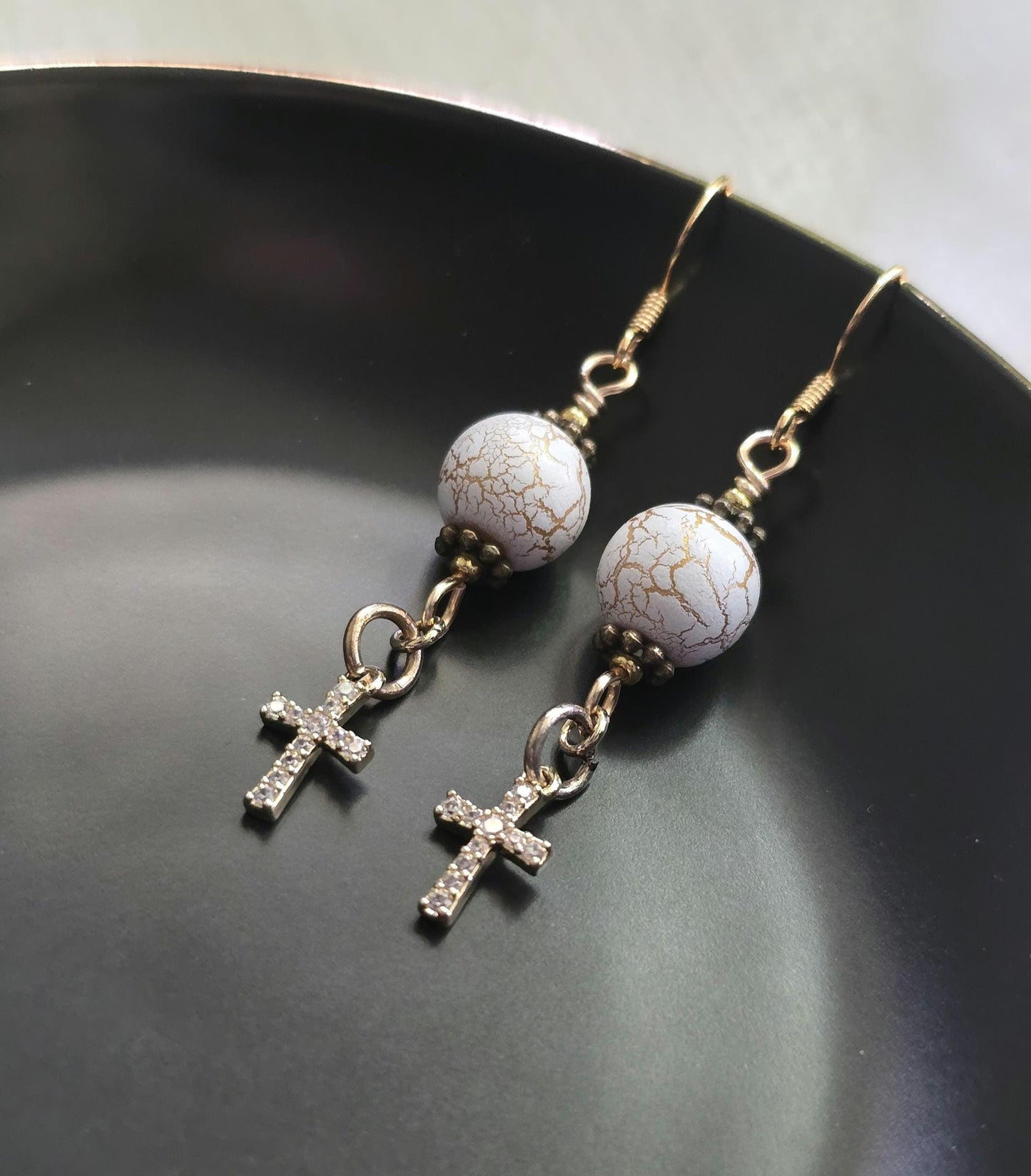 Gold Cross Dangle Earrings, White Cracked Stone Beads, Boho Jewelry