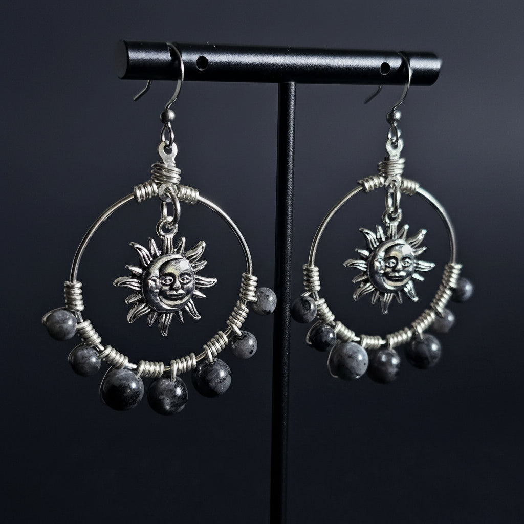 Handmade Labradorite Sun Moon Hoop Earrings, Celestial Wire Wrapped Boho Jewelry