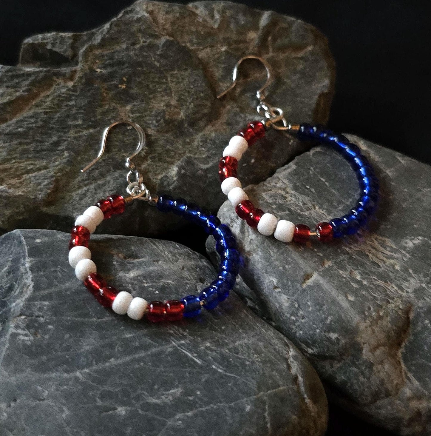 Patriotic Red White Blue Seed Bead Hoop Earrings, Boho Patriotic Jewelry