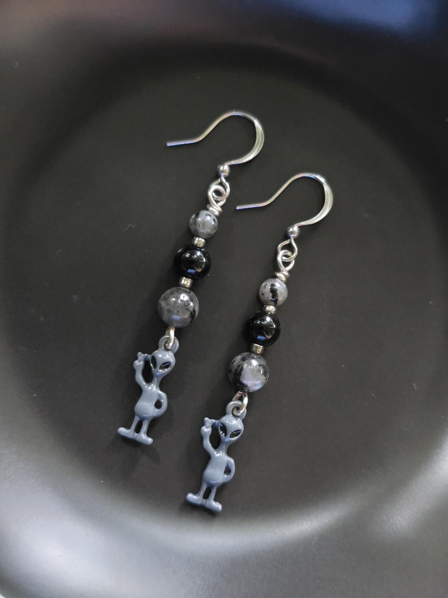 Alien Dangle Earrings, Labradorite Black Onyx, Stainless Steel Wires, Sci-Fi Jewelry