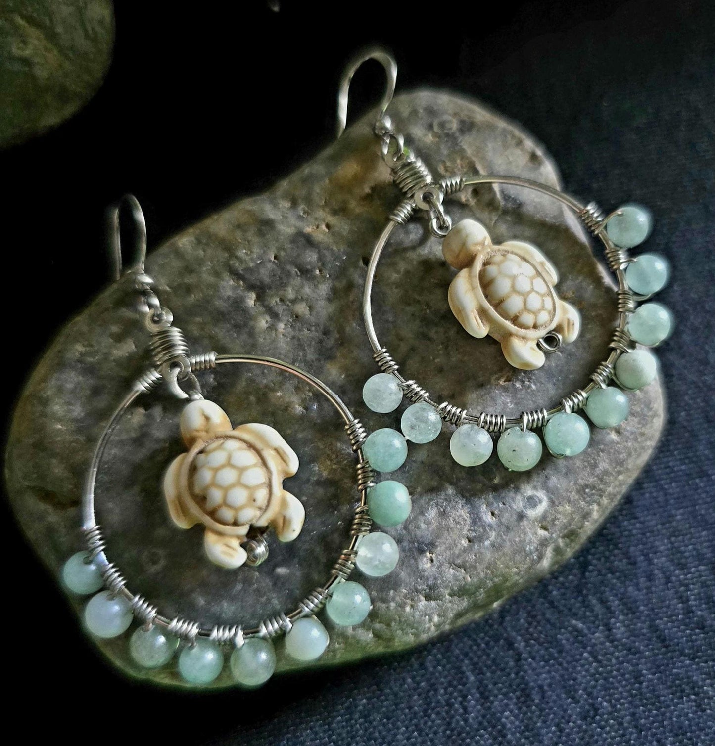 Amazonite Stone Turtle Hoops, Silver Wire Wrapped Dangle Earrings, Ocean Theme Jewelry
