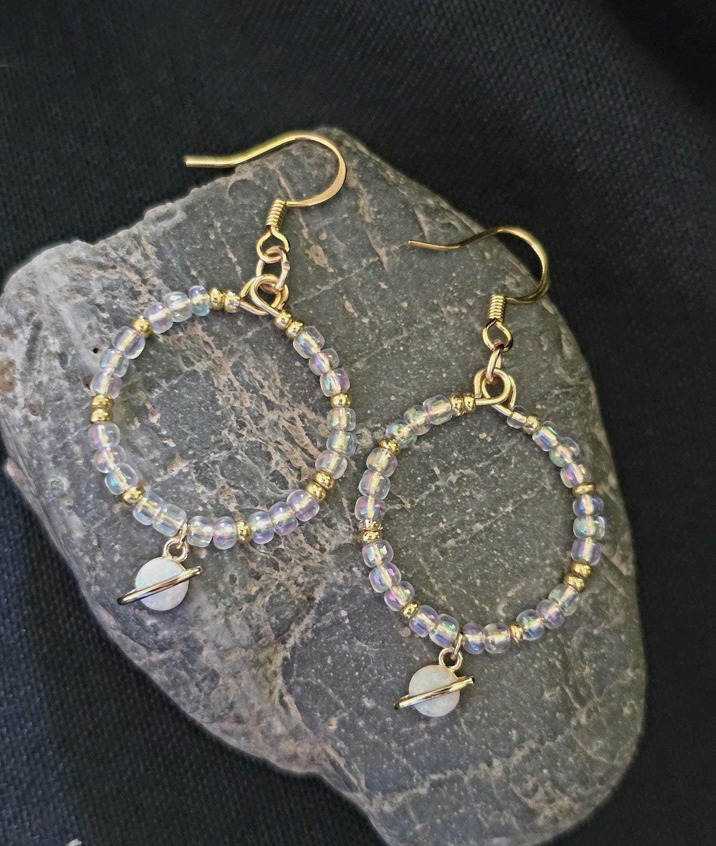 Opalite Saturn Planet Hoop Earrings: Iridescent Beads, Gold Accents, Celestial Charm