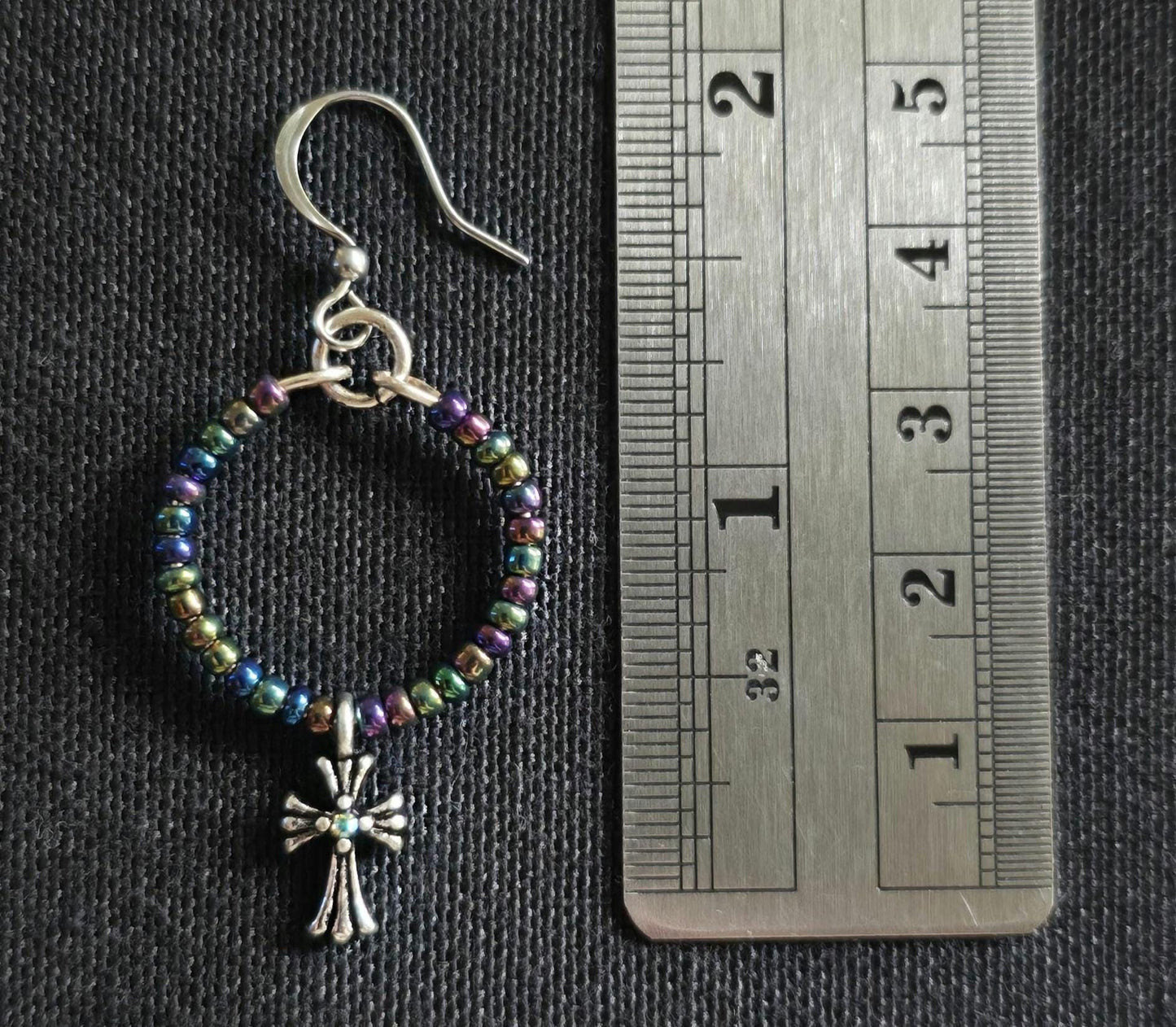 Metallic Rainbow Iridescent Glass Cross Pendant Earrings, Handmade Shimmering Statement Jewelry, Gift For Her