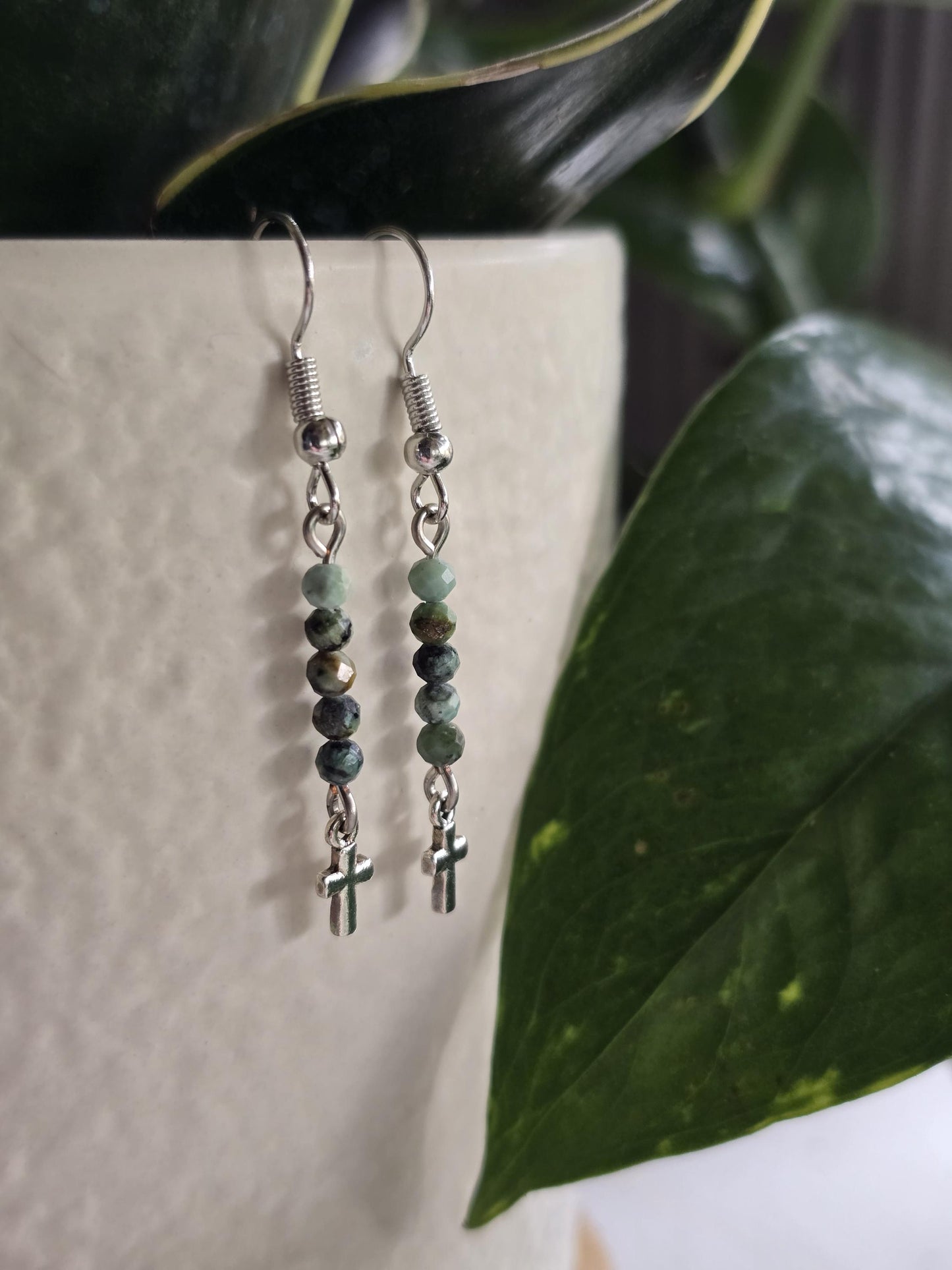 Bluegreen African Jasper Dainty Cross Dangle Earrings