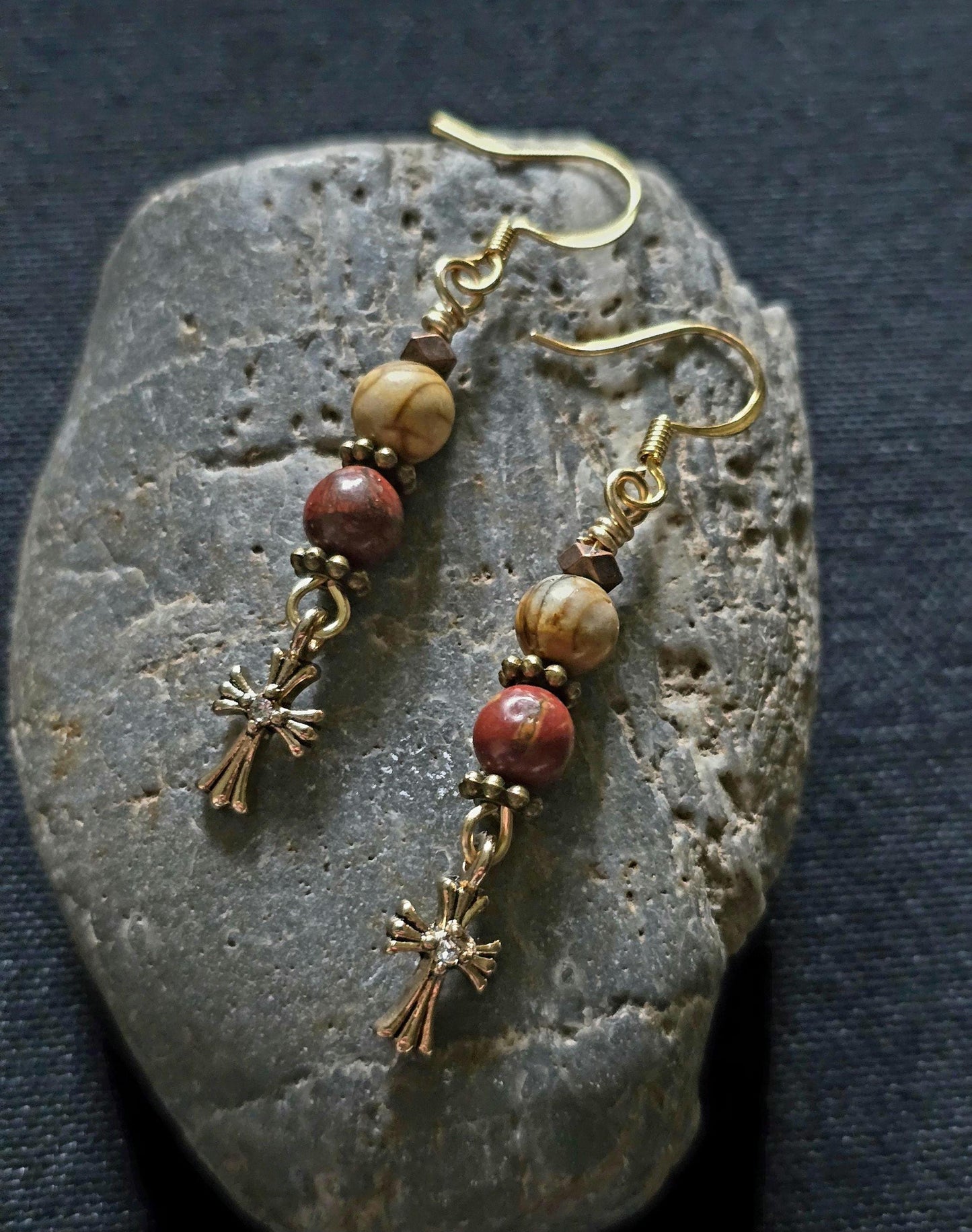 Red Jasper Picture Jasper Cross Dangle Earrings, Boho Gold Tone Gemstone Jewelry