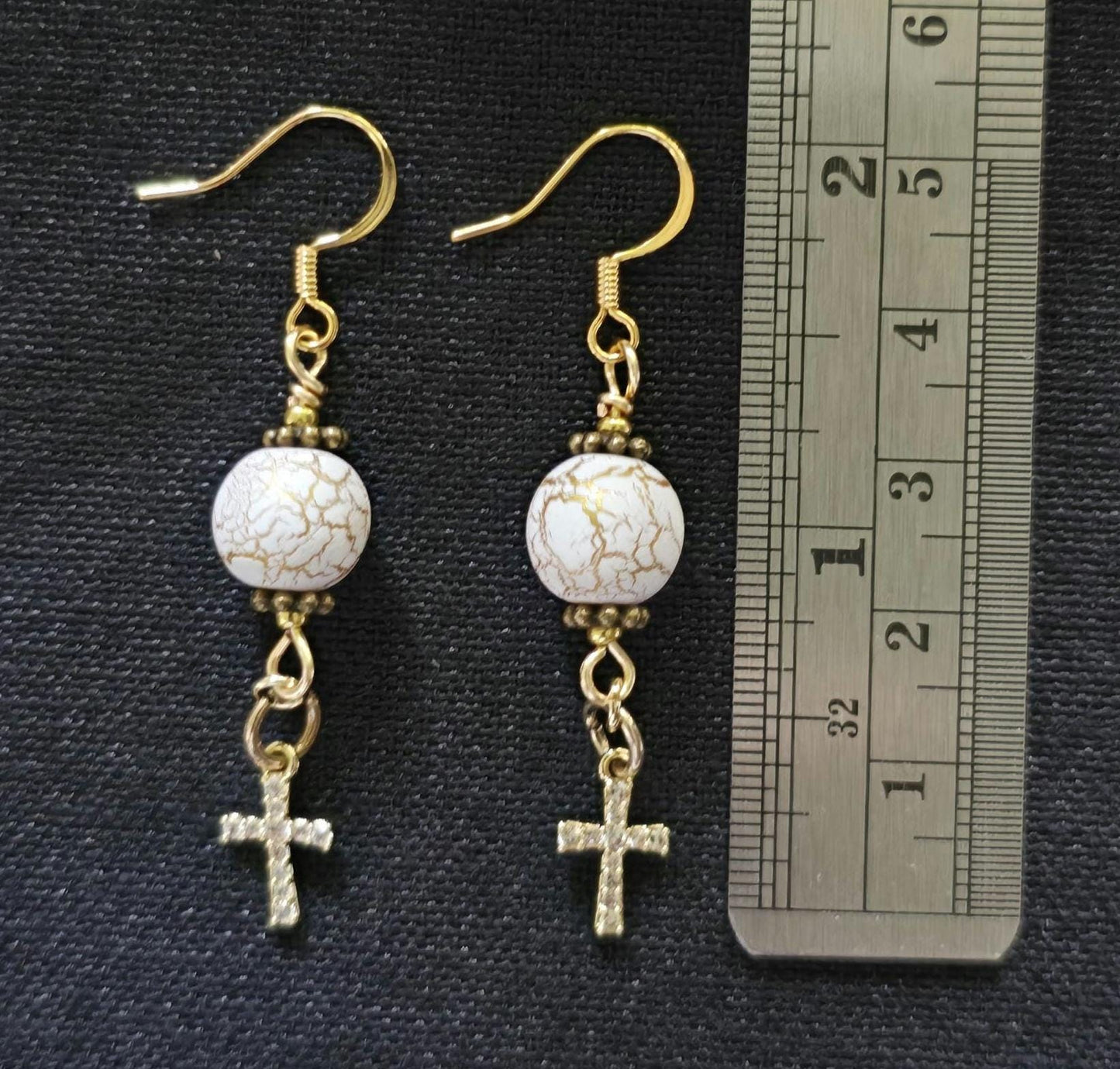 Gold Cross Dangle Earrings, White Cracked Stone Beads, Boho Jewelry