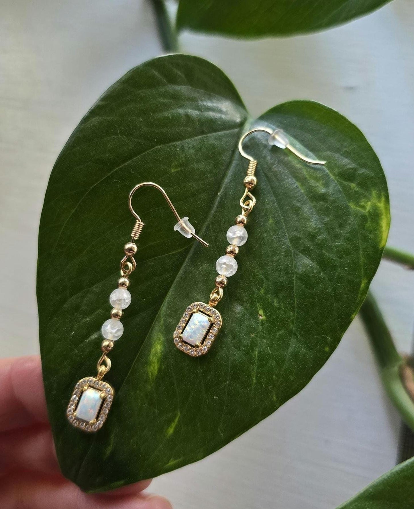 Gold and Glass Crackle Beaded Synthetic Opal Pendant Handmade Dangle Earrings