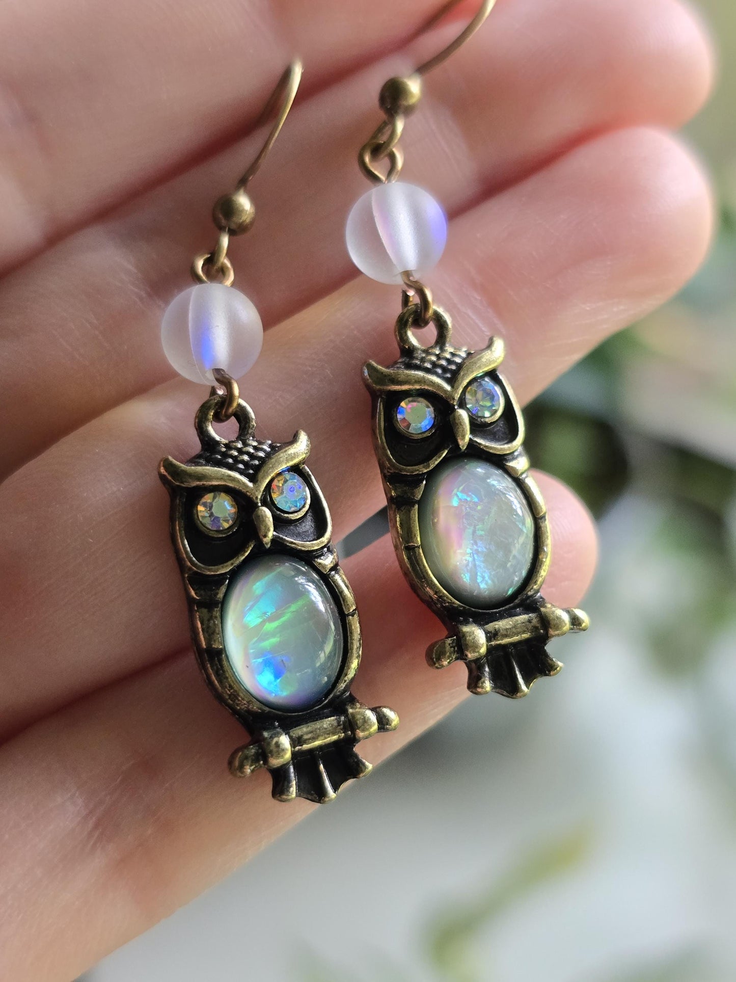 Antique Brass Owl Earrings, Opalite Moonstone Dangle, Celestial Boho Jewelry