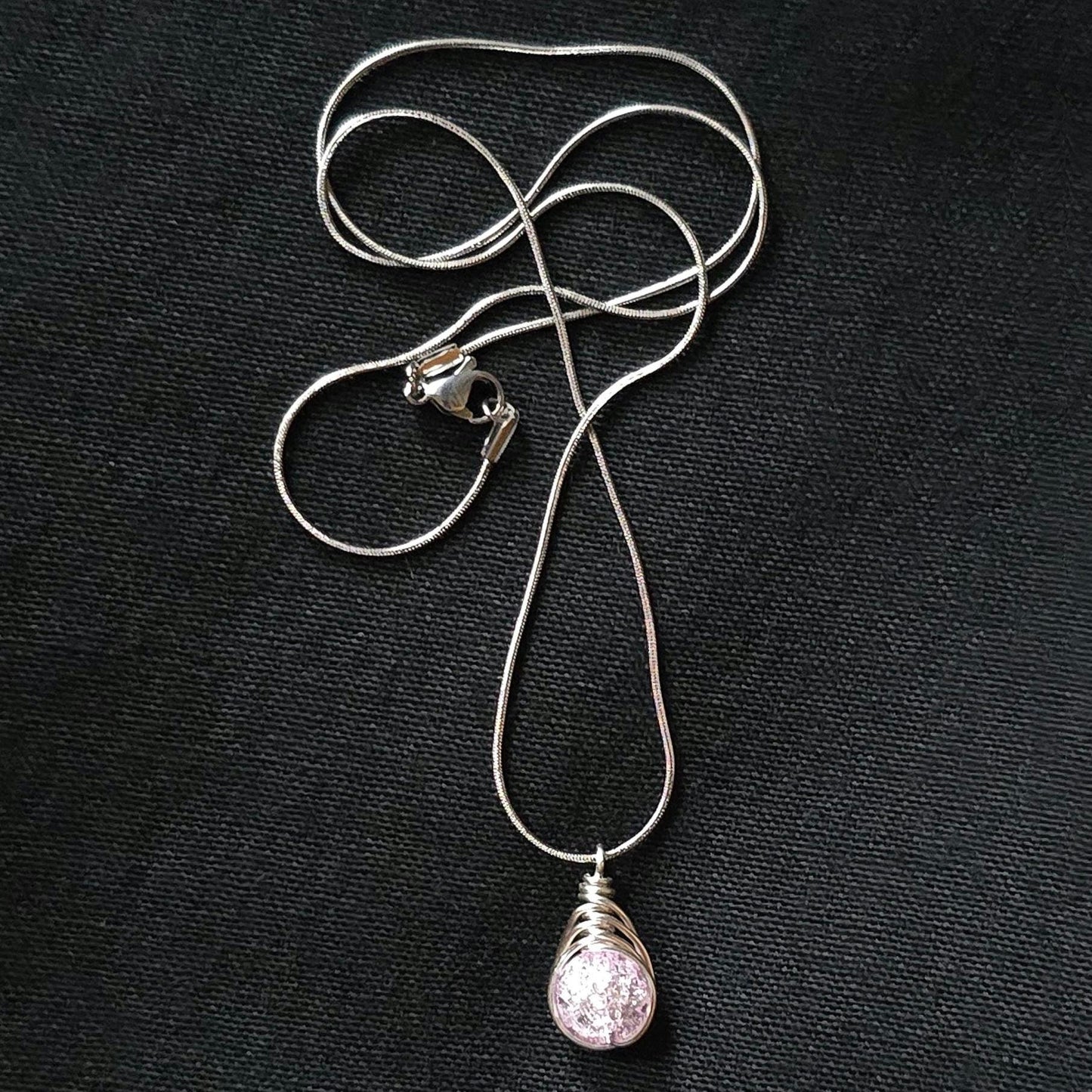 Pink Crackle Glass Pendant Necklace, Wire Wrapped Boho Jewelry, 20 Inch Chain