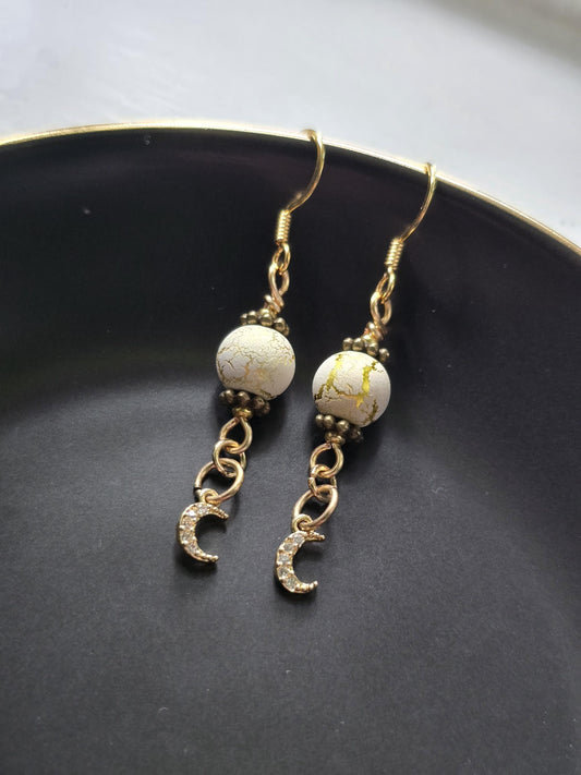 White Gold Moon Dangle Earrings, Celestial Boho Crystal Jewelry