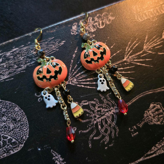 Handcrafted Halloween Pumpkin Ghost Candy Corn Dangle Earrings, Spooky Fall Jewelry