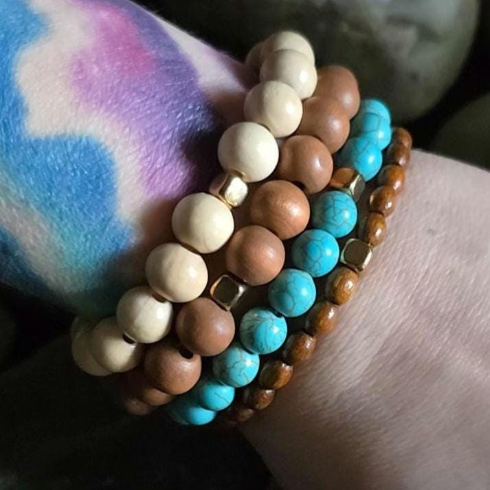 Boho Wood Turquoise Stretch Bracelet Set, Stackable Beaded Natural Jewelry