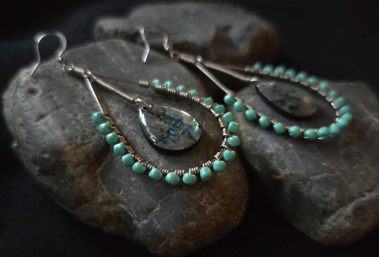 Abalone Shell Teardrop Earrings, Wire Wrapped Turquoise Beaded Earrings, Coastal Boho Dangle Jewelry