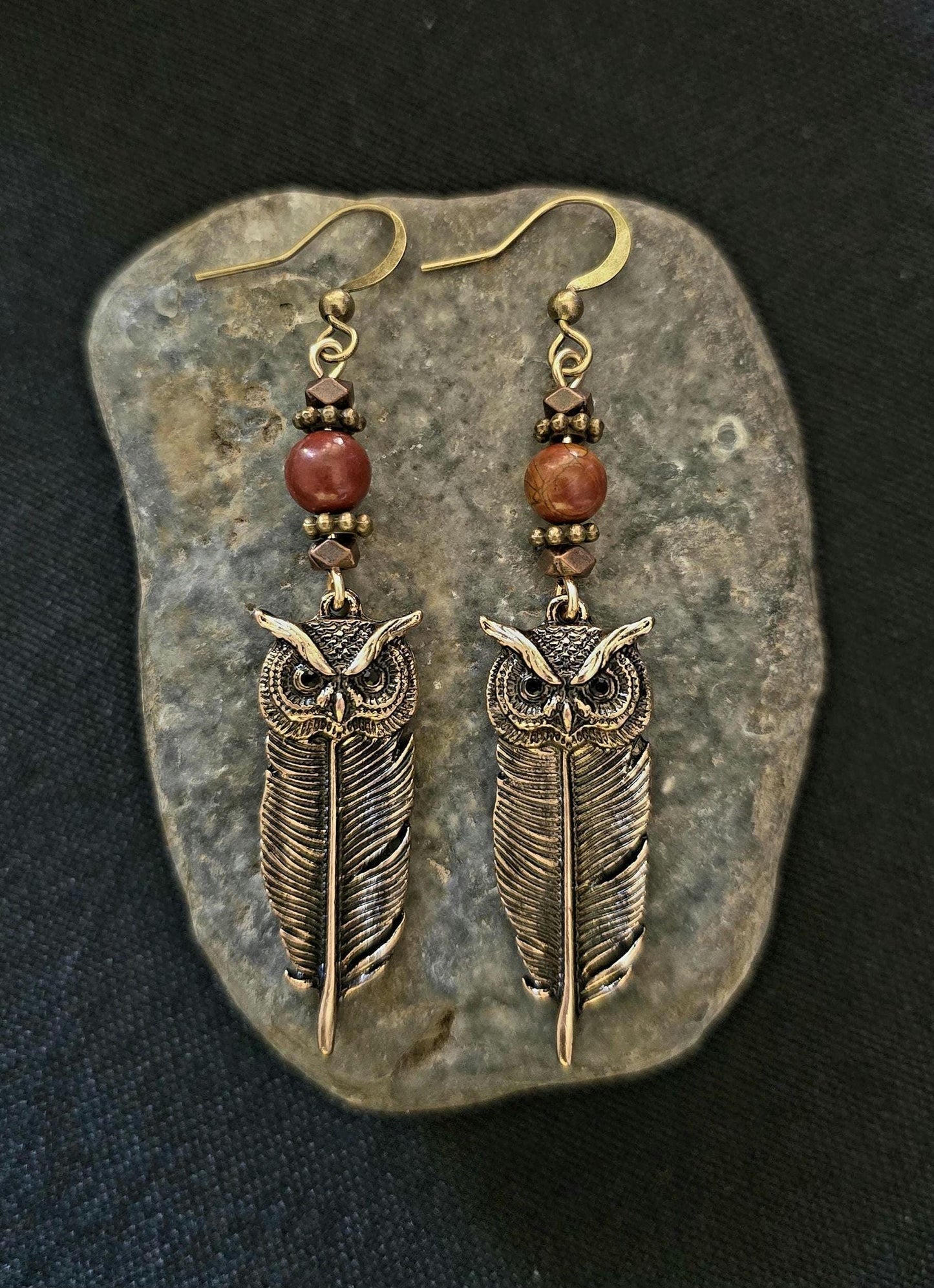 Bronze Owl Feather Earrings, Red Creek Jasper Beads, Rustic Boho Woodland Jewelry