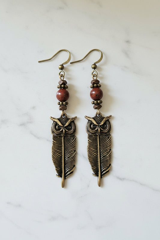 Bronze Owl Feather Earrings, Red Creek Jasper Beads, Rustic Boho Woodland Jewelry