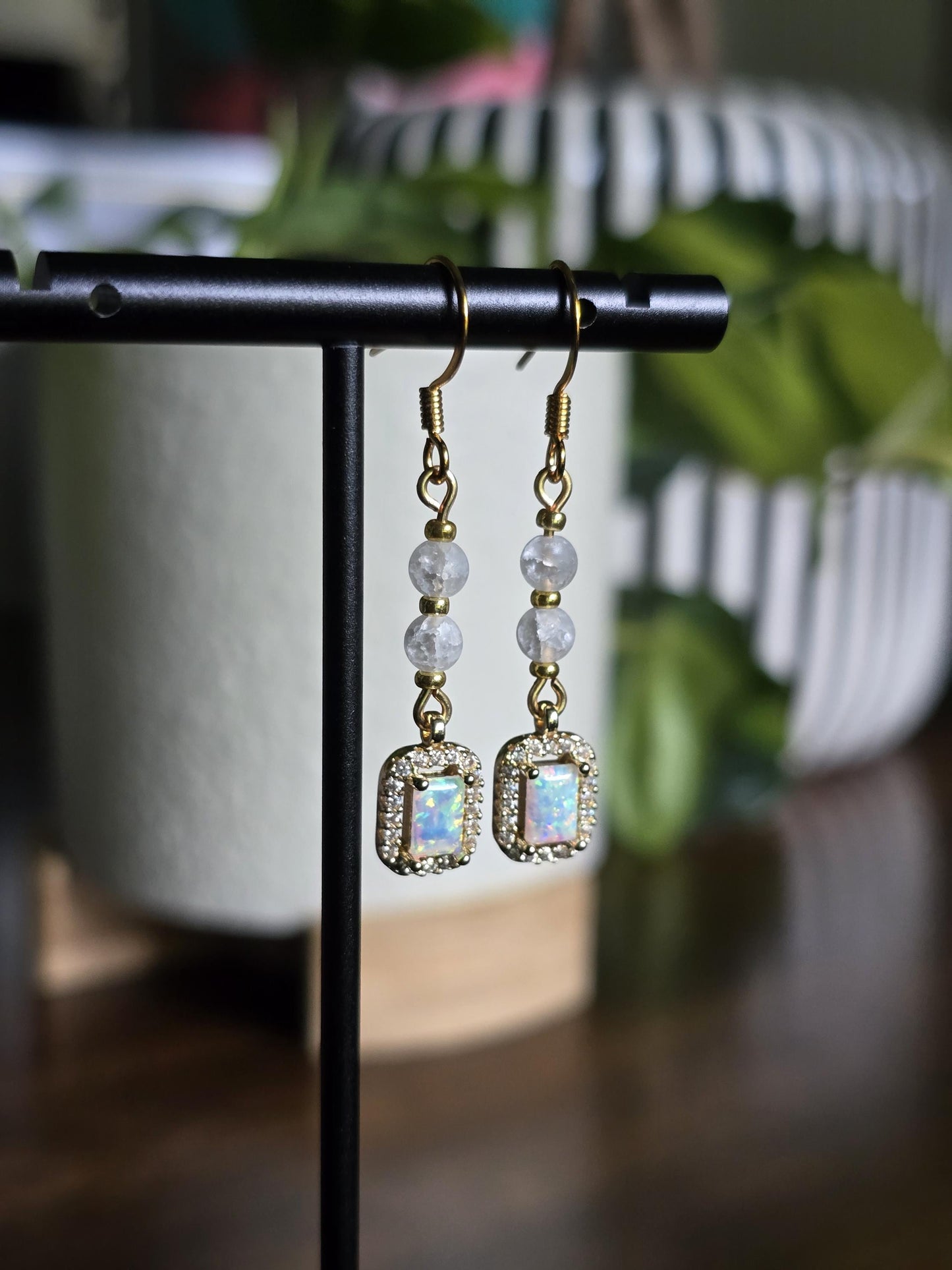 Gold and Glass Crackle Beaded Synthetic Opal Pendant Handmade Dangle Earrings