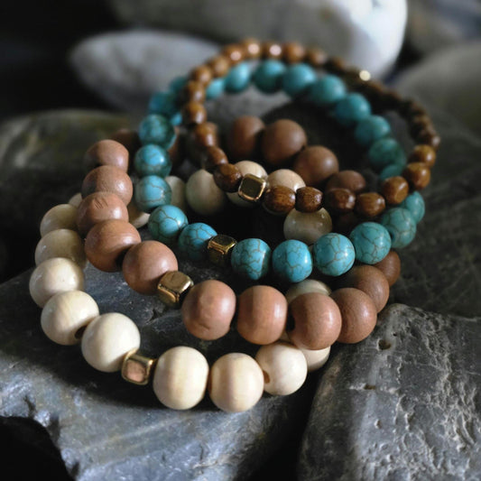 Boho Wood Turquoise Stretch Bracelet Set, Stackable Beaded Natural Jewelry