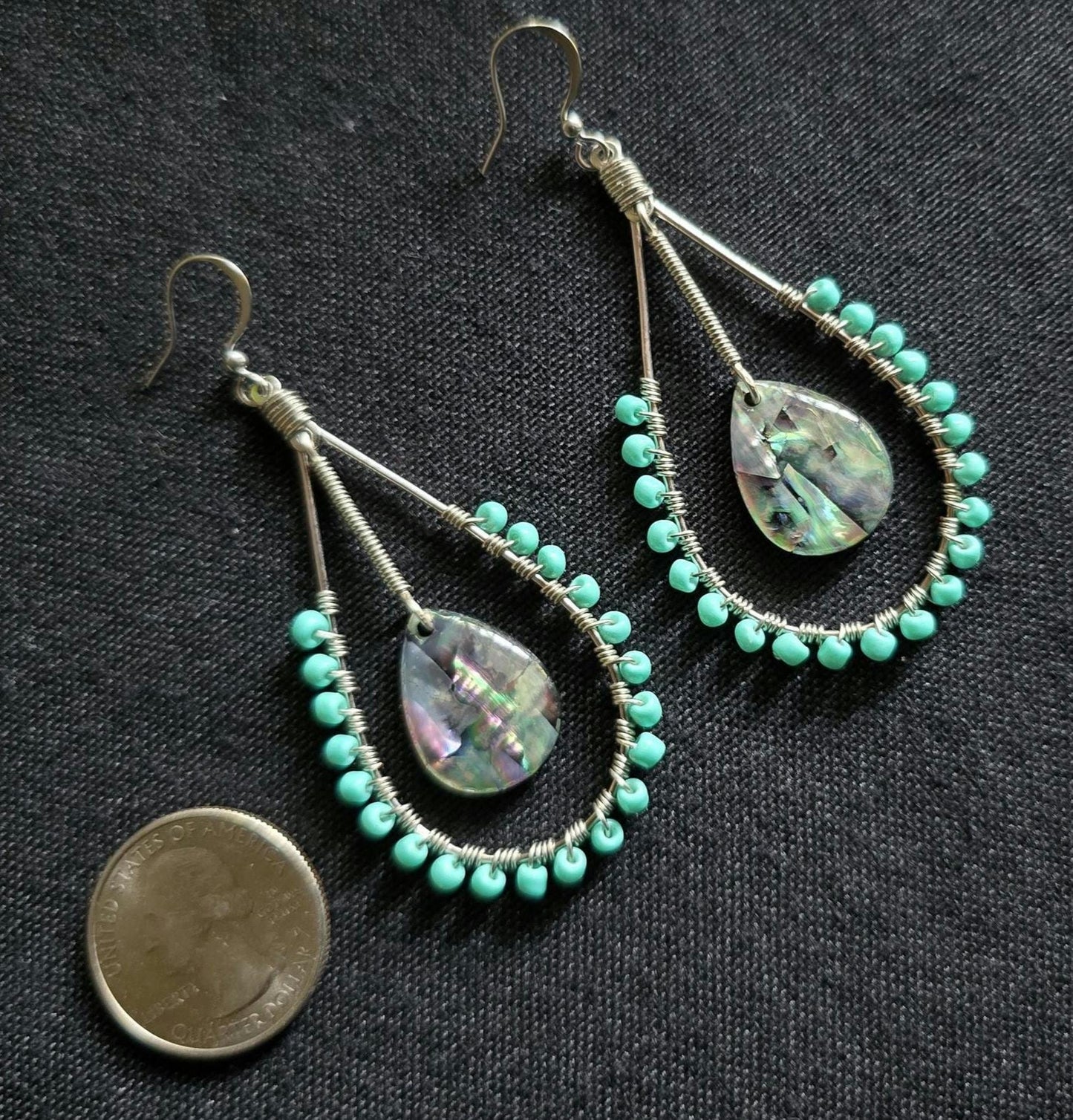Abalone Shell Teardrop Earrings, Wire Wrapped Turquoise Beaded Earrings, Coastal Boho Dangle Jewelry