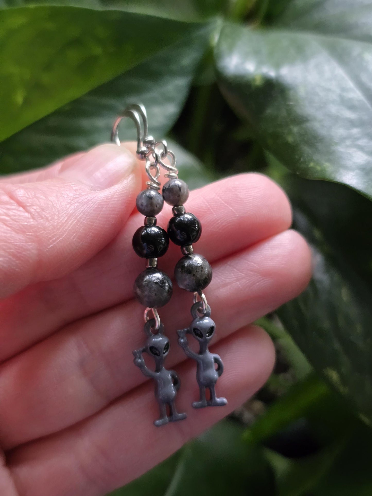 Alien Dangle Earrings, Labradorite Black Onyx, Stainless Steel Wires, Sci-Fi Jewelry