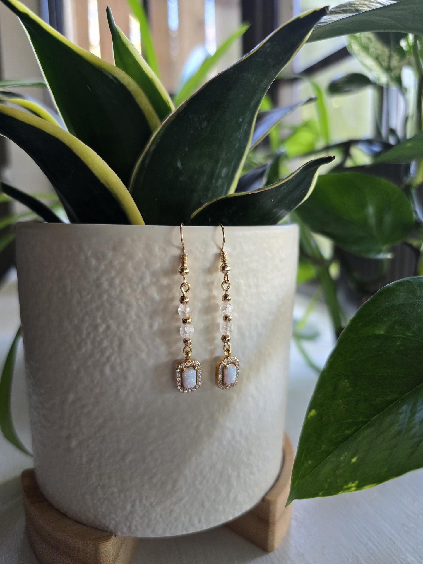 Gold and Glass Crackle Beaded Synthetic Opal Pendant Handmade Dangle Earrings