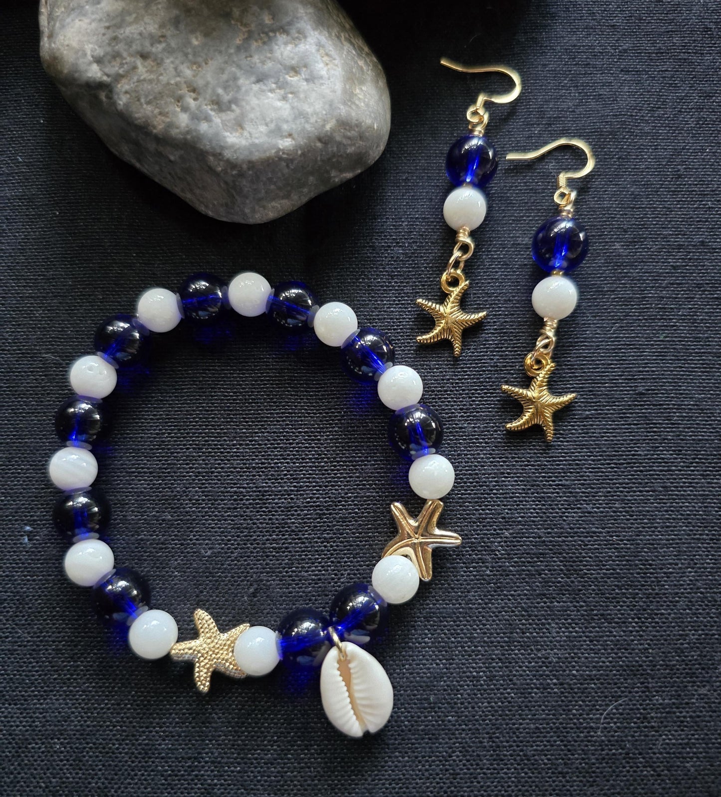 Nautical Blue White Beaded Bracelet Starfish Earrings Set, Cowrie Shell Charm Coastal Jewelry