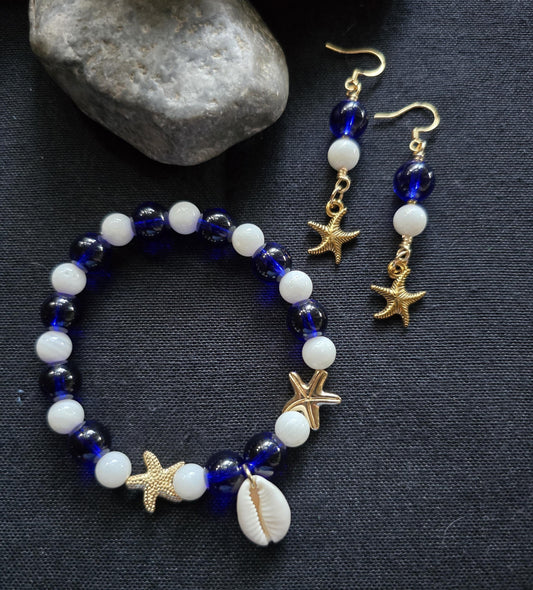 Nautical Blue White Beaded Bracelet Starfish Earrings Set, Cowrie Shell Charm Coastal Jewelry