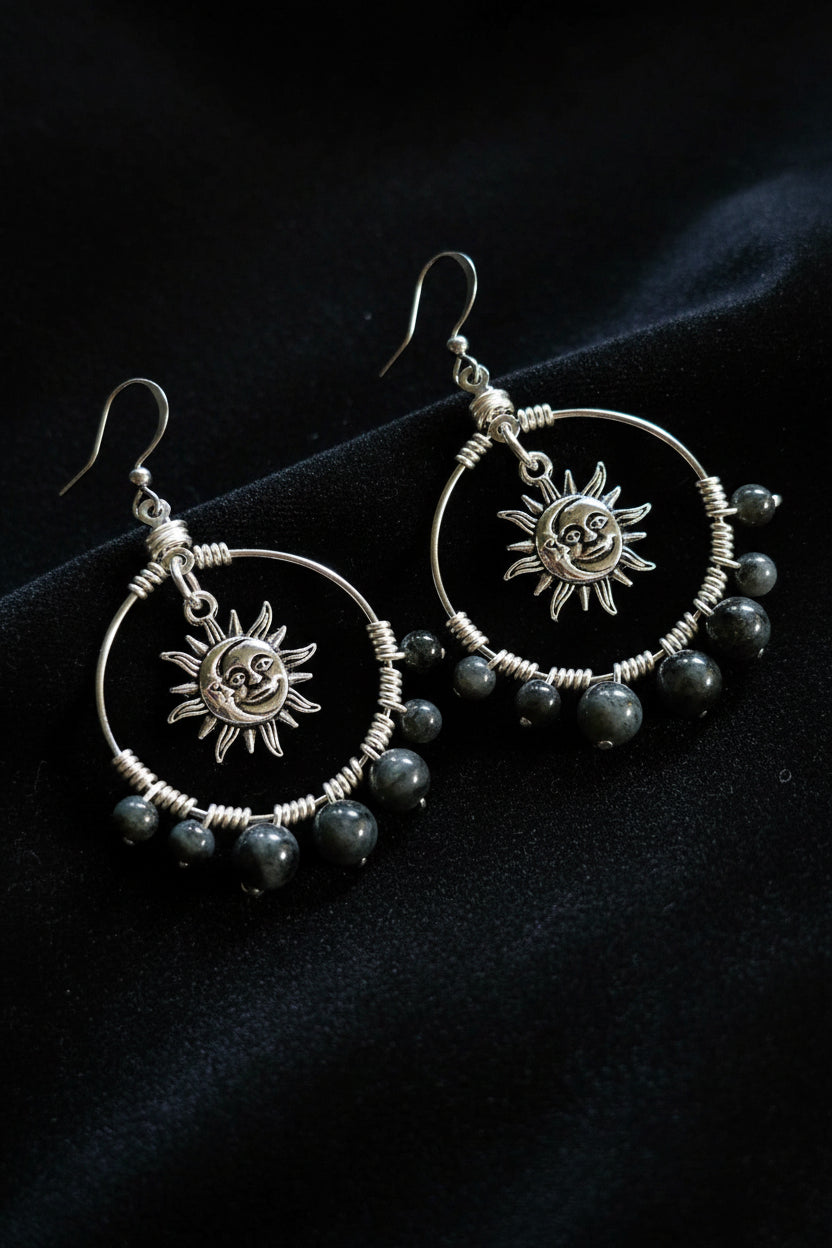 Handmade Labradorite Sun Moon Hoop Earrings, Celestial Wire Wrapped Boho Jewelry