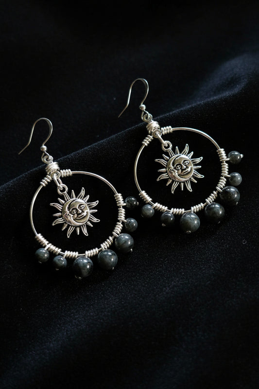 Handmade Labradorite Sun Moon Hoop Earrings, Celestial Wire Wrapped Boho Jewelry