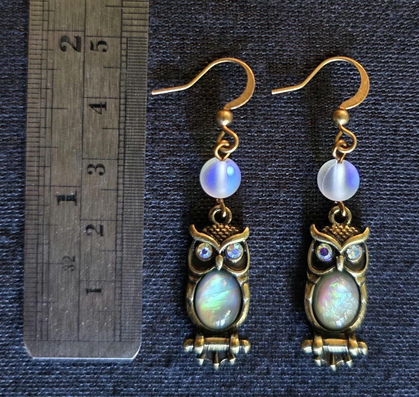 Antique Brass Owl Earrings, Opalite Moonstone Dangle, Celestial Boho Jewelry