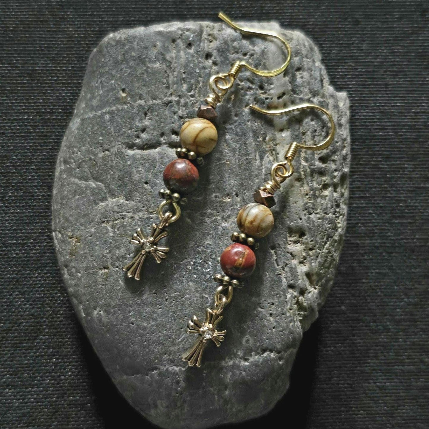 Red Jasper Picture Jasper Cross Dangle Earrings, Boho Gold Tone Gemstone Jewelry