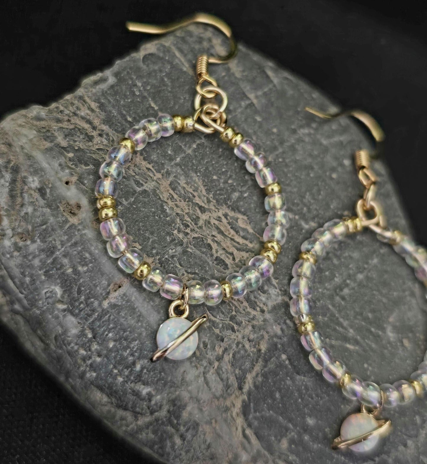 Opalite Saturn Planet Hoop Earrings: Iridescent Beads, Gold Accents, Celestial Charm