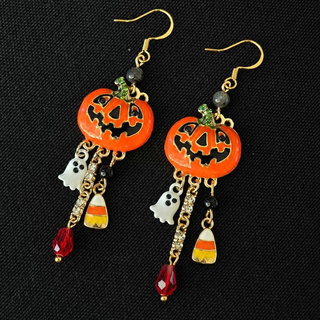 Handcrafted Halloween Pumpkin Ghost Candy Corn Dangle Earrings, Spooky Fall Jewelry