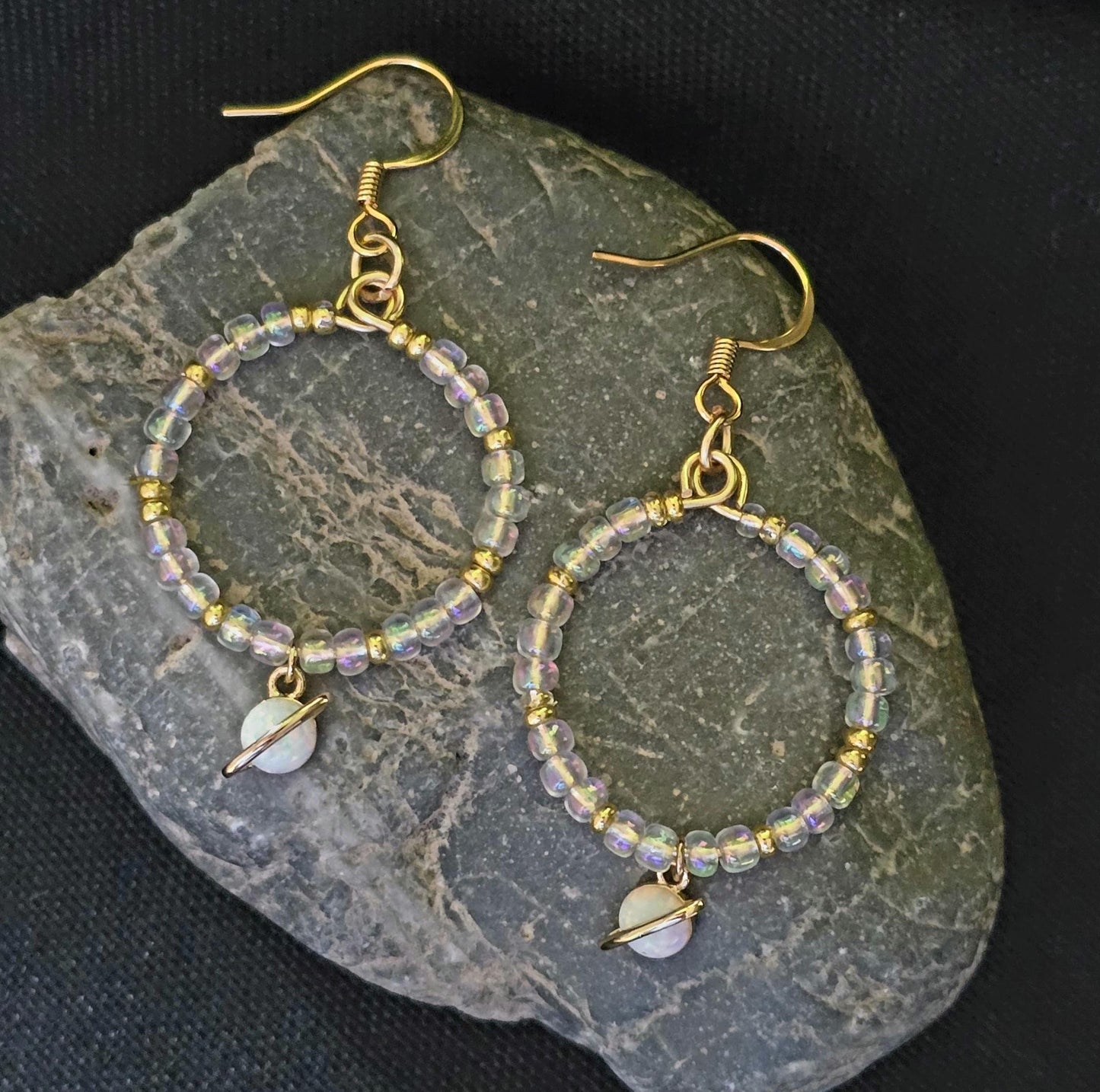 Opalite Saturn Planet Hoop Earrings: Iridescent Beads, Gold Accents, Celestial Charm