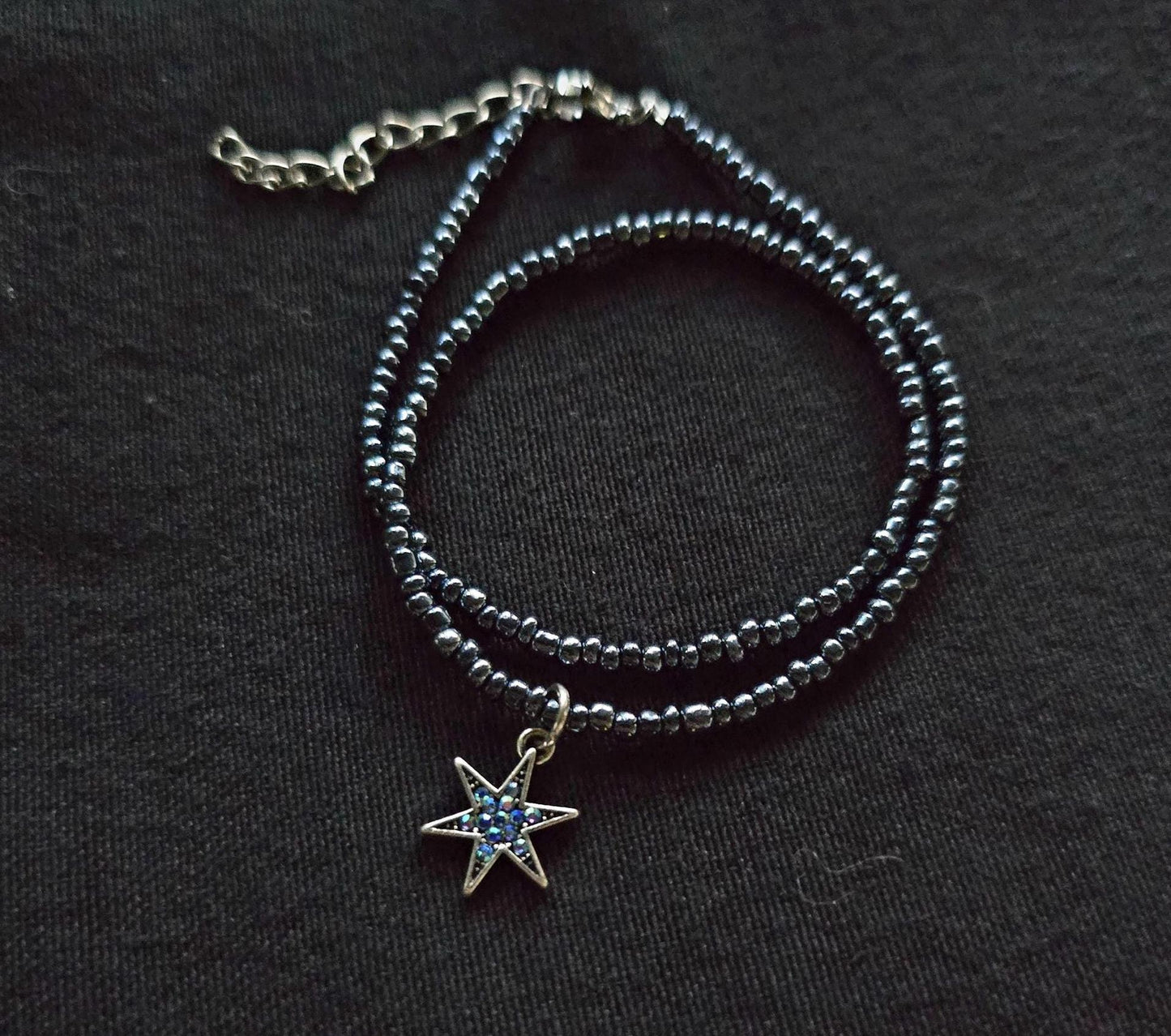 Midnight Navy Seed Bead Star Choker Necklace, Iridescent Charm, Minimalist Beaded Jewelry